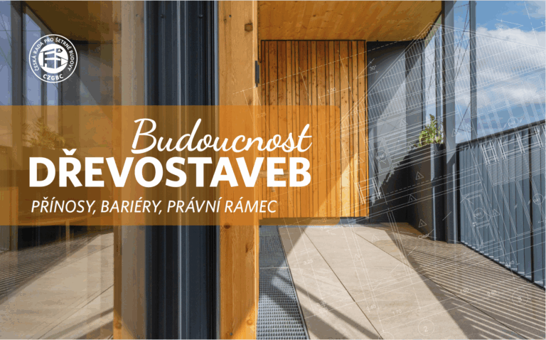 Modern wooden building exterior with clean architectural lines, promoting a Czech event titled “Budoucnost dřevostaveb – přínosy, bariéry, právní rámec” by the Czech Green Building Council (CZGBC)