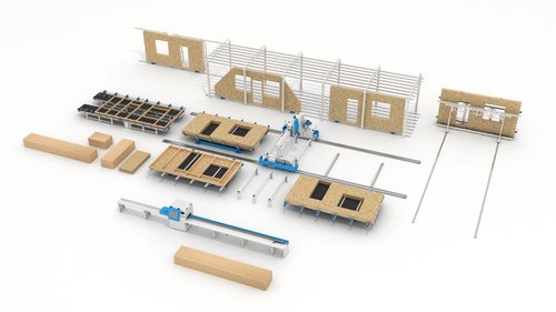 Illustration of a modular timber house production line, showing prefabricated wooden panels, assembly stations, machinery, and construction components laid out in sequence.