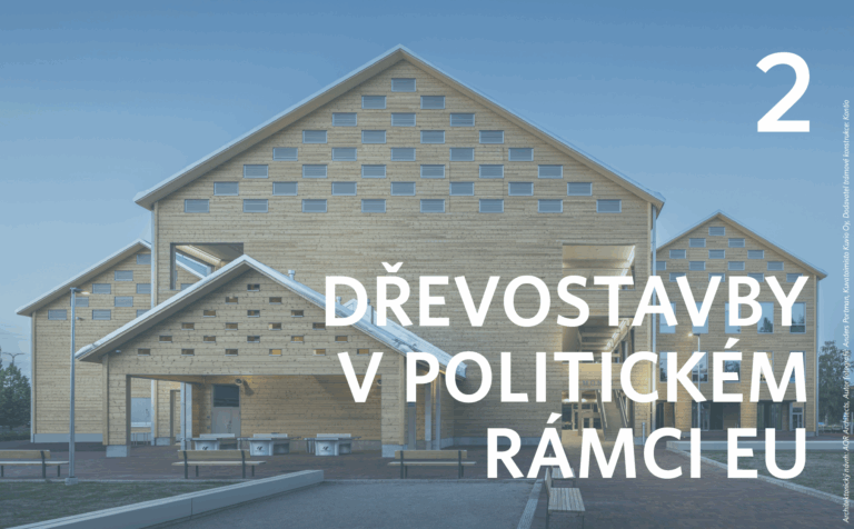 Moderní dřevěné budovy s čistým architektonickým designem pod jasnou oblohou, představující udržitelnou dřevěnou výstavbu v rámci evropské politiky.