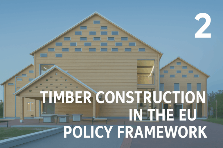 Modern timber buildings at dusk illustrating the concept of timber construction within the EU policy framework.