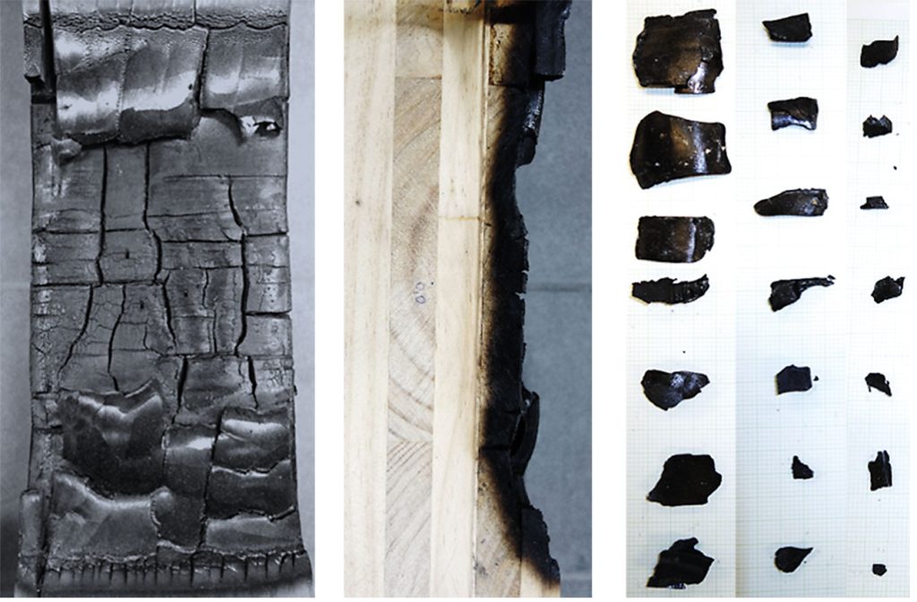 Example of the charring effect on a timber structure during a fire resistance test